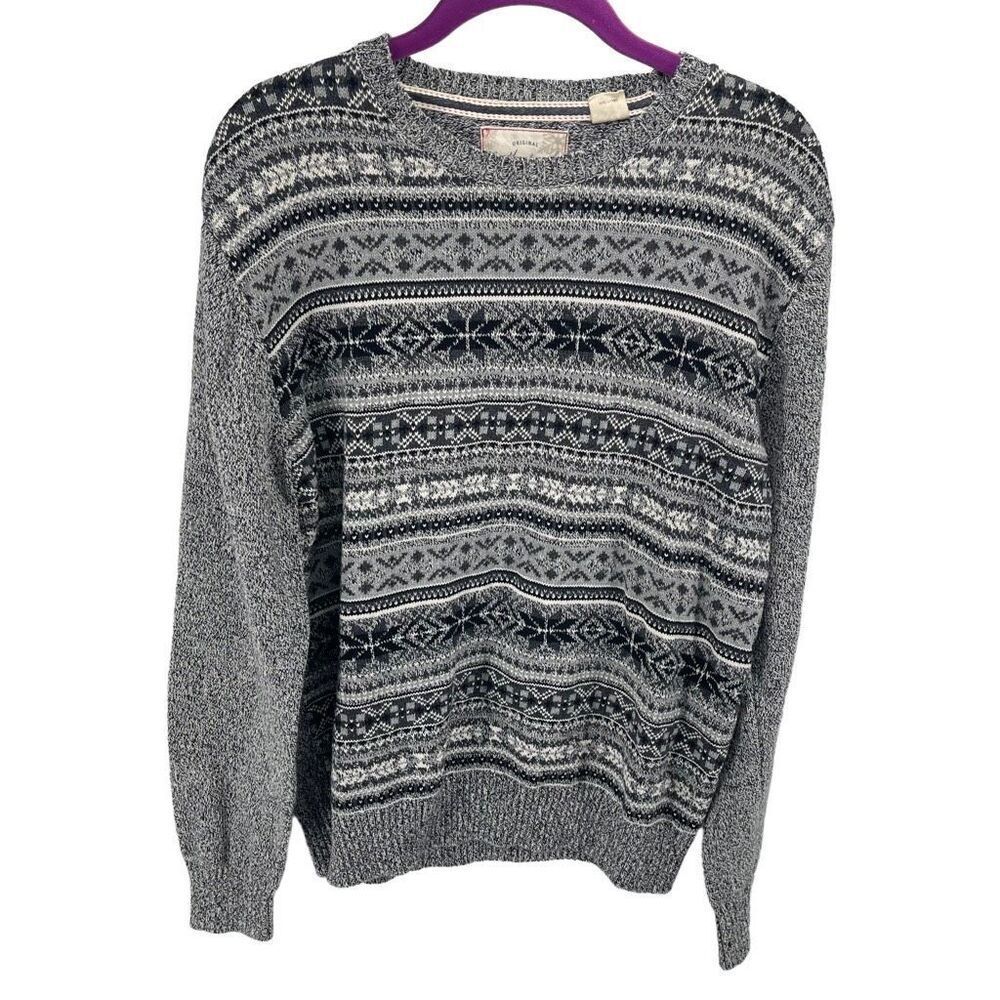 Weatherproof Vintage Womens Pullover Sweater fair isle Print Cotton Gray Size Me